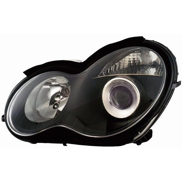 купи Кристални фарове за Mercedes C class 2000-2004 - Черни с лупи и Angel Eyes