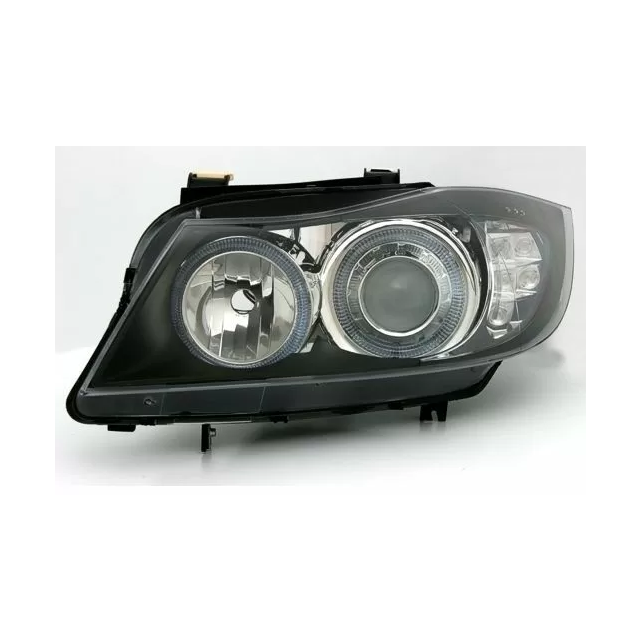 Кристални фарове Angel Eyes светещи в жълто за BMW E90 - черни