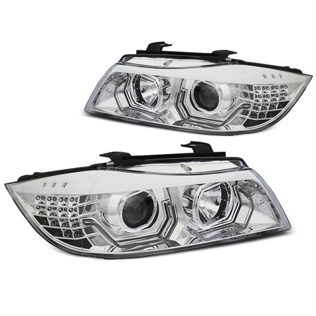 Фарове  с ангелски очи LED 3D хром за BMW E90/E91 05-08